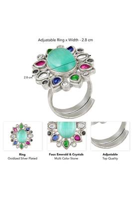 Oxidized silver plated faux emerald & multicolor crystals studded statement finger ring 4