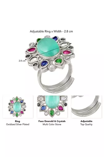 Oxidized silver plated faux emerald & multicolor crystals studded statement finger ring