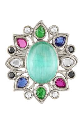 Oxidized silver plated faux emerald & multicolor crystals studded statement finger ring 5