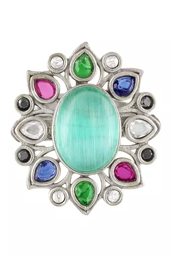 Oxidized silver plated faux emerald & multicolor crystals studded statement finger ring