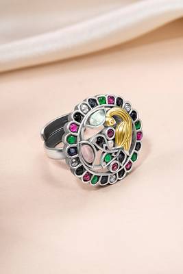Oxidized silver plated multicolor crystals studded statement finger ring adjustable jewellery 1