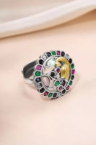 Oxidized silver plated multicolor crystals studded statement finger ring adjustable jewellery