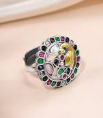 Oxidized silver plated multicolor crystals studded statement finger ring adjustable jewellery