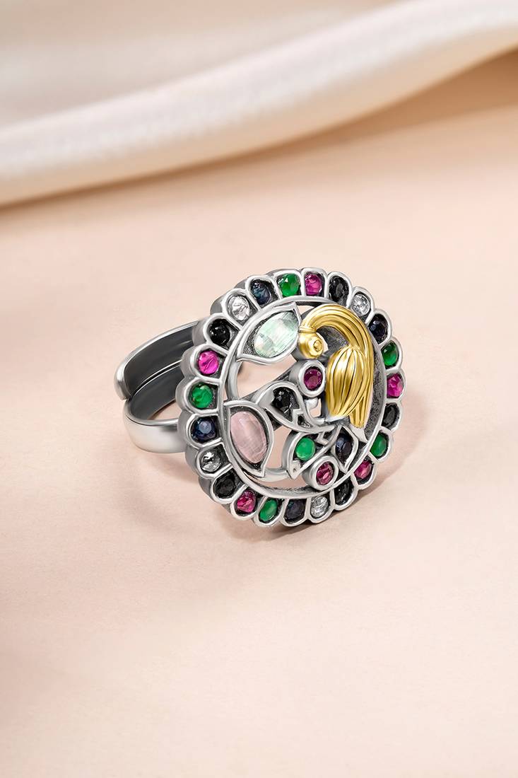Oxidized silver plated multicolor crystals studded statement finger ring adjustable jewellery