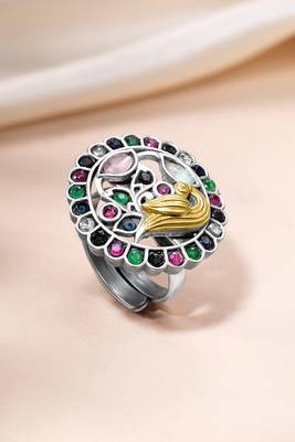 Oxidized silver plated multicolor crystals studded statement finger ring adjustable jewellery 2