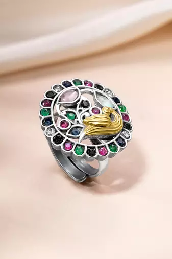 Oxidized silver plated multicolor crystals studded statement finger ring adjustable jewellery