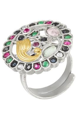 Oxidized silver plated multicolor crystals studded statement finger ring adjustable jewellery 3