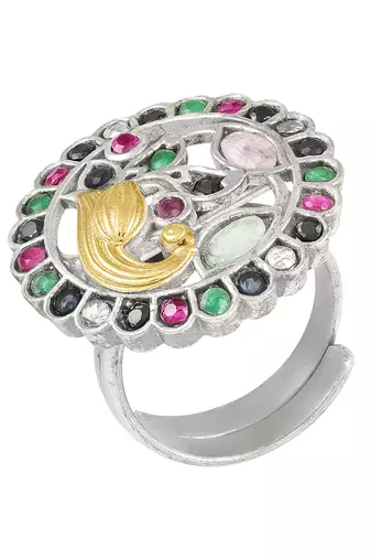 Oxidized silver plated multicolor crystals studded statement finger ring adjustable jewellery