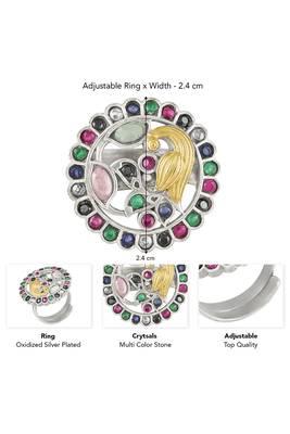 Oxidized silver plated multicolor crystals studded statement finger ring adjustable jewellery 4
