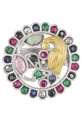 Oxidized silver plated multicolor crystals studded statement finger ring adjustable jewellery 5