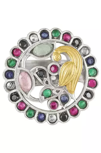 Oxidized silver plated multicolor crystals studded statement finger ring adjustable jewellery