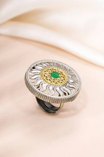 Oxidized silver gold plated faux emerald studded statement finger ring adjustable jewellery