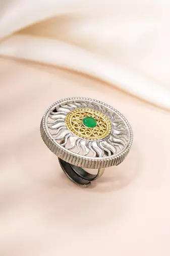 Oxidized silver gold plated faux emerald studded statement finger ring adjustable jewellery