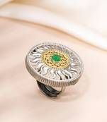 Oxidized silver gold plated faux emerald studded statement finger ring adjustable jewellery