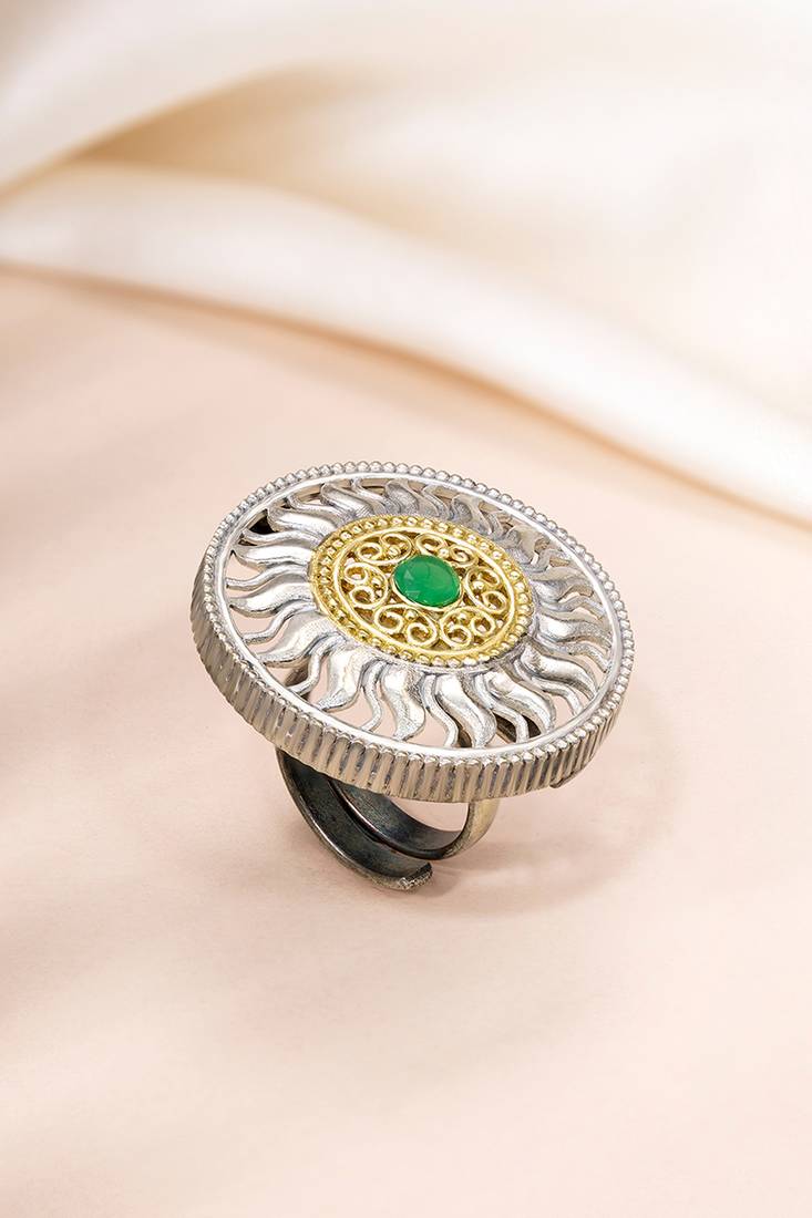 Oxidized silver gold plated faux emerald studded statement finger ring adjustable jewellery