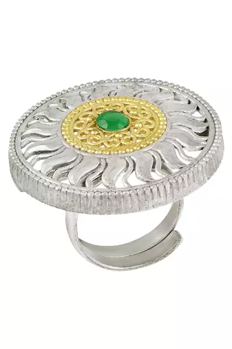 Oxidized silver gold plated faux emerald studded statement finger ring adjustable jewellery