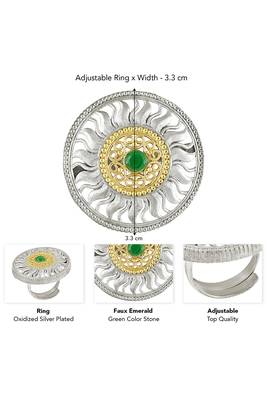 Oxidized silver gold plated faux emerald studded statement finger ring adjustable jewellery 4