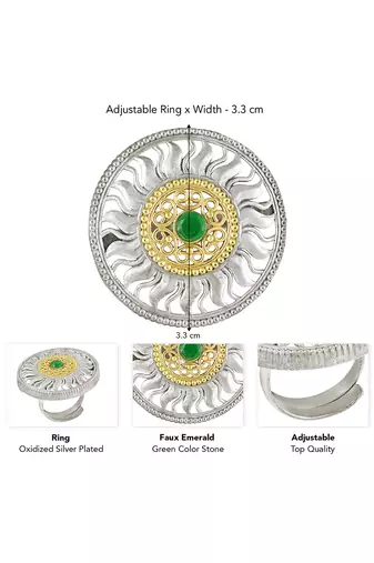 Oxidized silver gold plated faux emerald studded statement finger ring adjustable jewellery