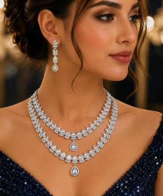 2-layer cubic zirconia bridal necklace set, teardrop wedding jewellery, cz statement earrings 1