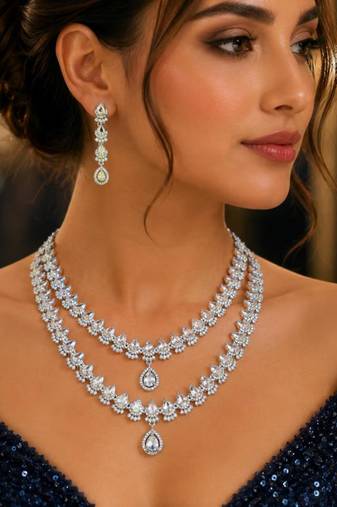 2-layer cubic zirconia bridal necklace set, teardrop wedding jewellery, cz statement earrings