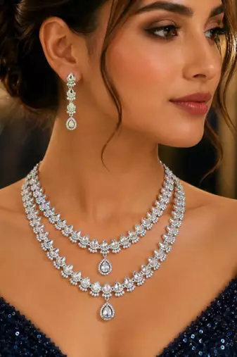2-layer cubic zirconia bridal necklace set, teardrop wedding jewellery, cz statement earrings