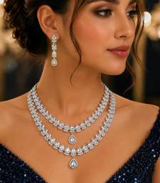 2-layer cubic zirconia bridal necklace set, teardrop wedding jewellery, cz statement earrings