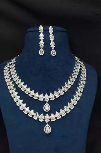 2-layer cubic zirconia bridal necklace set, teardrop wedding jewellery, cz statement earrings
