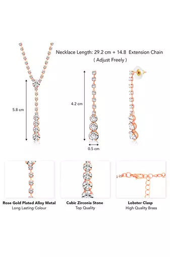 Rose gold plated cz studded pendant style necklace & drop earrings jewellery set for women