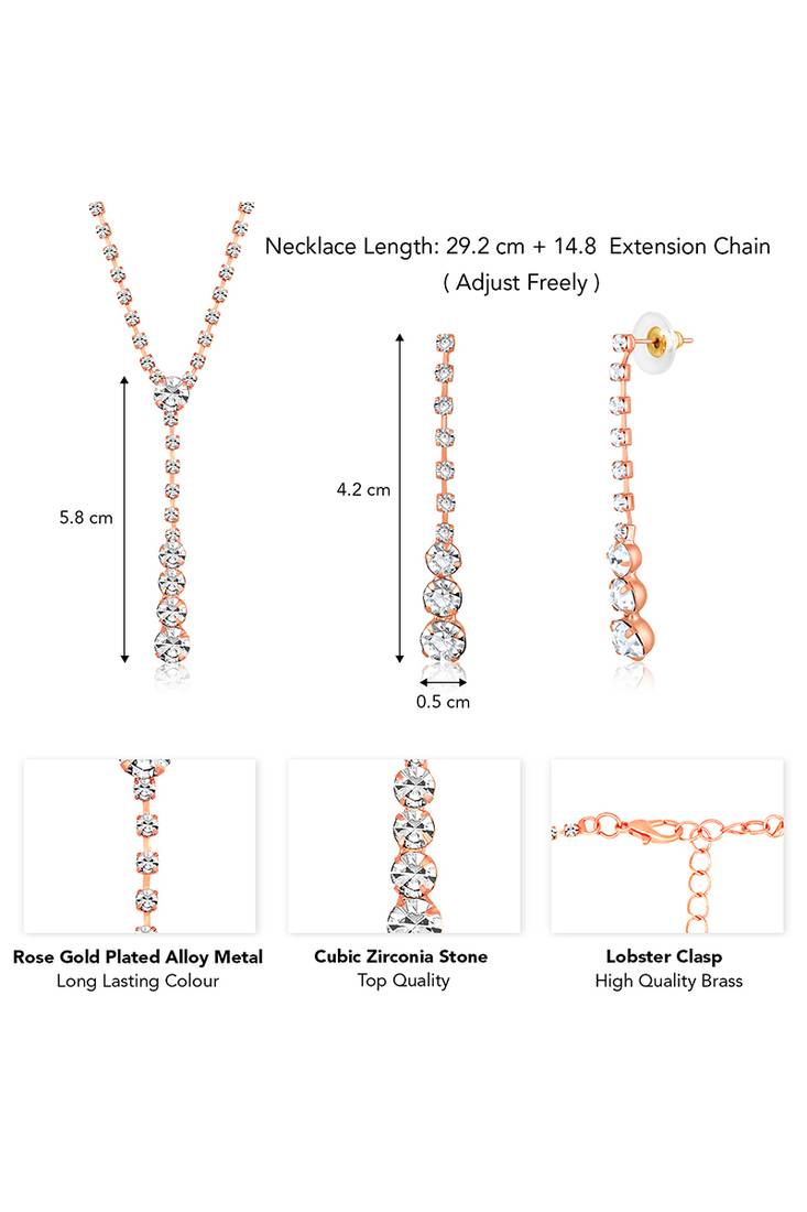 Rose gold plated cz studded pendant style necklace & drop earrings jewellery set for women