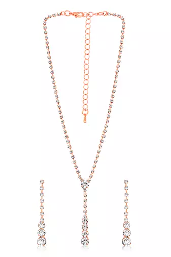 Rose gold plated cz studded pendant style necklace & drop earrings jewellery set for women