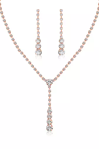 Rose gold plated cz studded pendant style necklace & drop earrings jewellery set for women