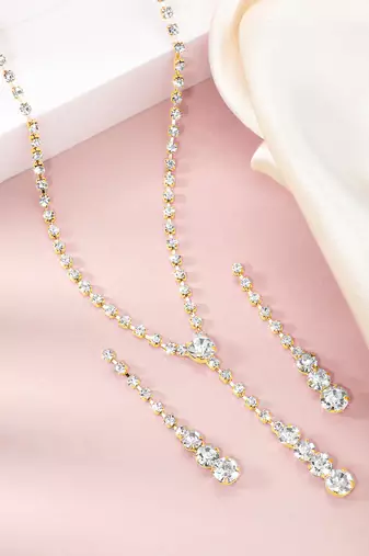 Gold plated cz studded pendant style necklace & drop earrings jewellery set for women