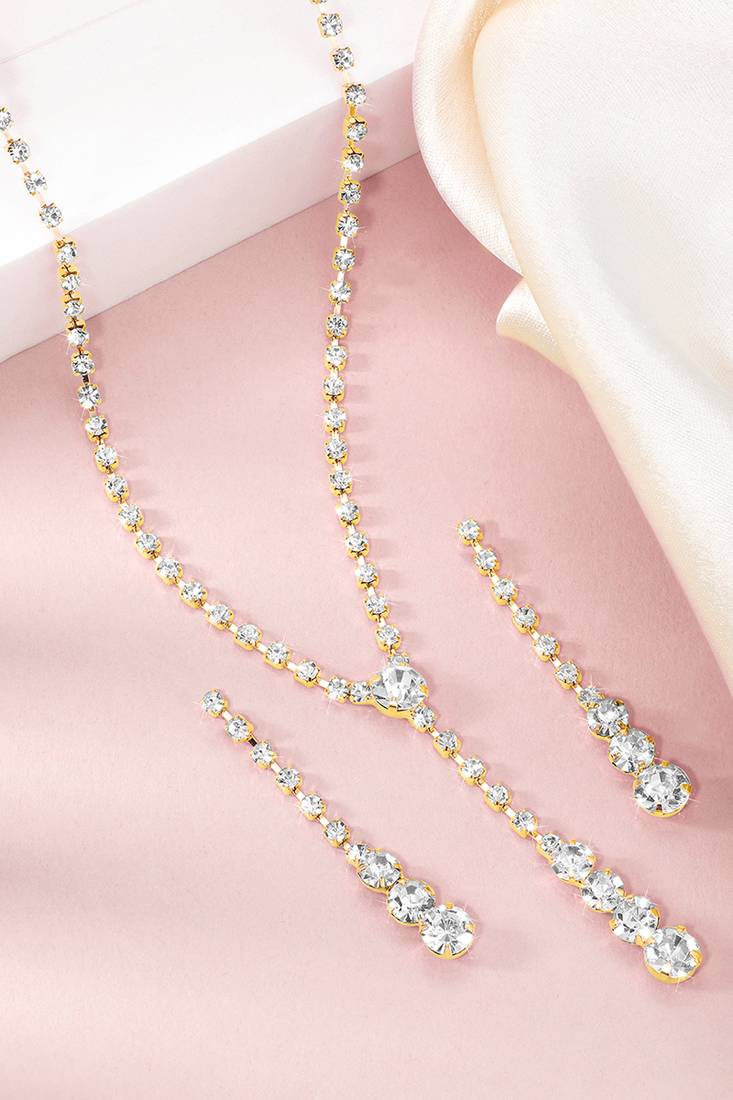 Gold plated cz studded pendant style necklace & drop earrings jewellery set for women