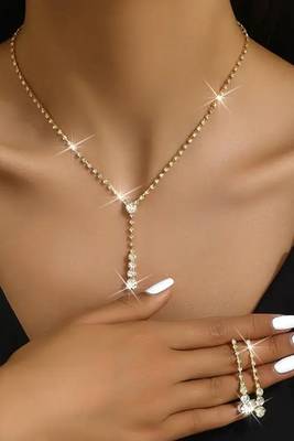Gold plated cz studded pendant style necklace & drop earrings jewellery set for women 2