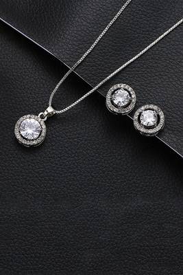 Silver plated ad studded pendant chain necklace & stud earrings set jewellery set for women 1