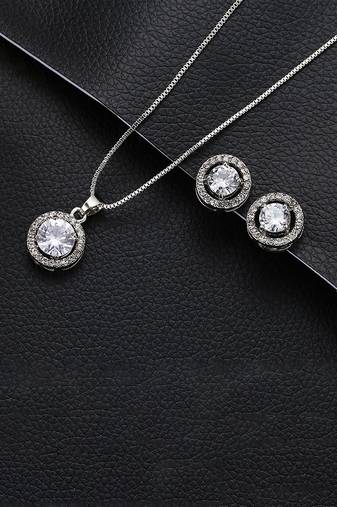 Silver plated ad studded pendant chain necklace & stud earrings set jewellery set for women