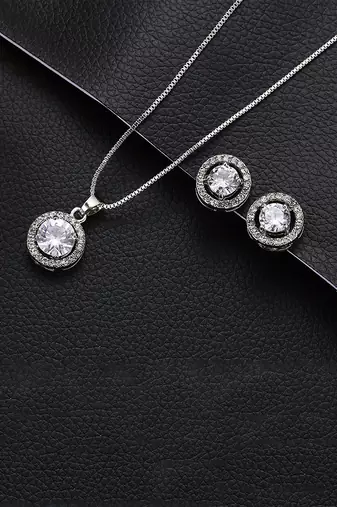 Silver plated ad studded pendant chain necklace & stud earrings set jewellery set for women