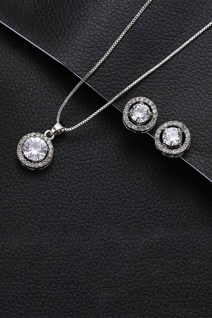 Silver plated ad studded pendant chain necklace & stud earrings set jewellery set for women