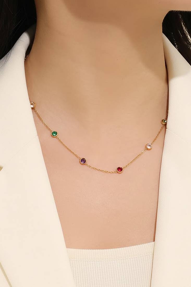 Multi-color crystal studded gold plated fancy chain necklace jewellery for women & girls