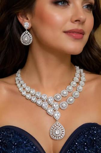 cz bridal necklace set, double layer teardrop cubic zirconia earrings, wedding jewellery