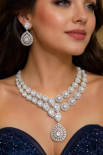 cz bridal necklace set, double layer teardrop cubic zirconia earrings, wedding jewellery