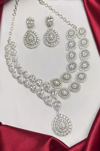 cz bridal necklace set, double layer teardrop cubic zirconia earrings, wedding jewellery