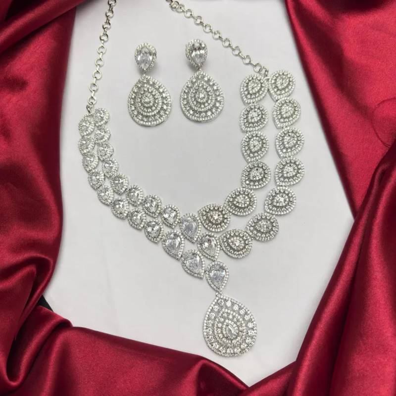 cz bridal necklace set, double layer teardrop cubic zirconia earrings, wedding jewellery