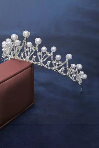 Silver plated cz & pearl studded princess tiara crown hair accessory for girls & women