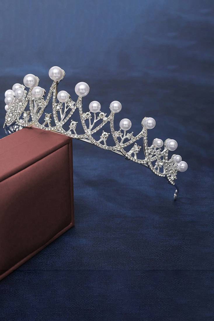 Silver plated cz & pearl studded princess tiara crown hair accessory for girls & women