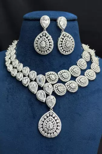 cz bridal necklace set, double layer teardrop cubic zirconia earrings, wedding jewellery