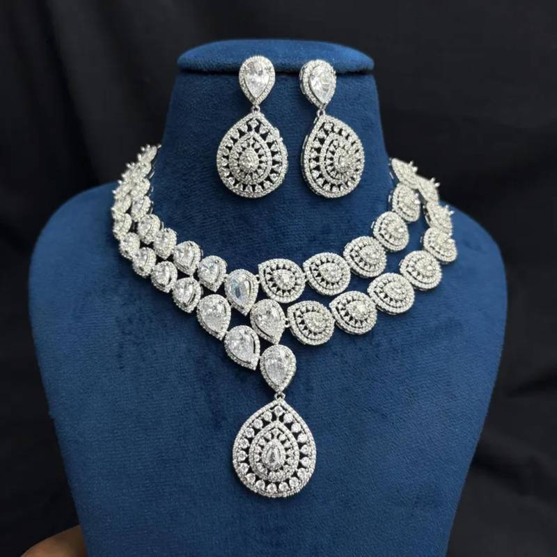 cz bridal necklace set, double layer teardrop cubic zirconia earrings, wedding jewellery
