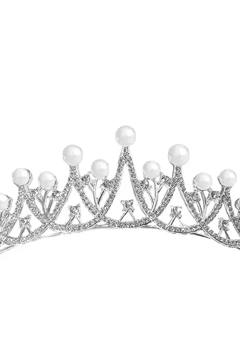 Silver plated cz & pearl studded princess tiara crown hair accessory for girls & women