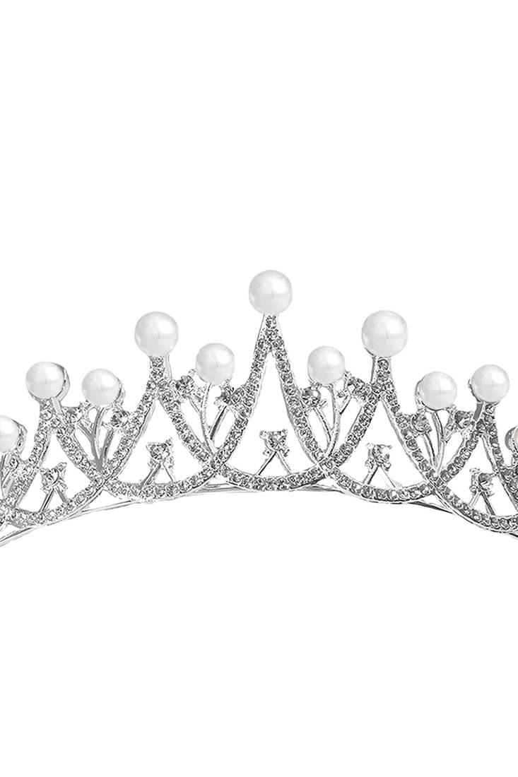 Silver plated cz & pearl studded princess tiara crown hair accessory for girls & women
