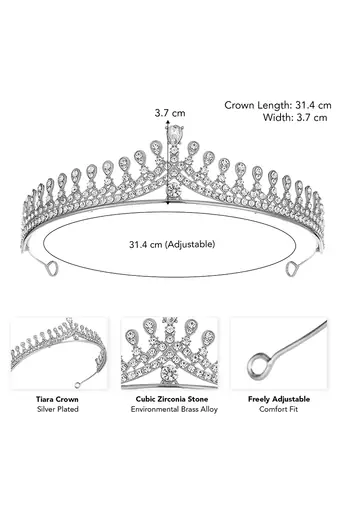 Silver plated cz & crystal studded princess tiara crown for women birthday hair accessories